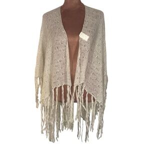 Profile Apparel Knit Fringe Shawl Wrap Women's S/M Beige Open Front NWT Soft